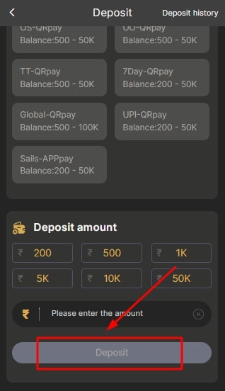 Payment by clicking on deposit in BDG game